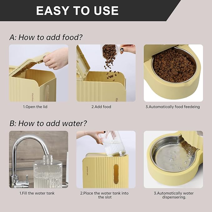 Distributeur automatique de nourriture et d'eau 2-en-1 Gardner Pet, capacité de 3 litres*2, pour chats et chiens, sans BPA, gamelle d'eau en acier inoxydable pour chiens, chats, lapins, chiots (jaune)