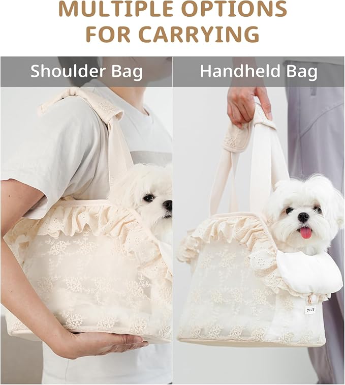 ONECUTE Dog Carrier for Small Dogs Rabbit cat with Lace Design, Cotton Bag, Dog Carrier Soft Sided, Collapsible Travel Puppy Carrier (Beige, 9.4" L x 5.9" W x 9.4" H)