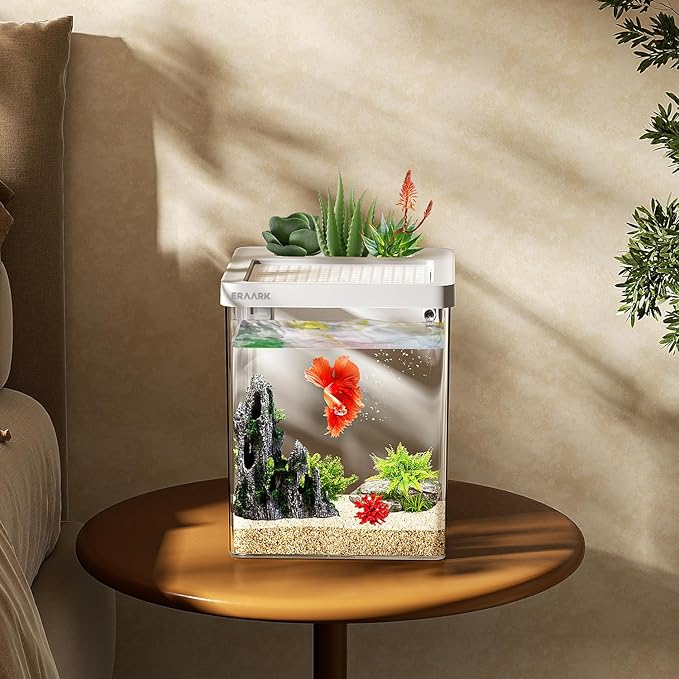 ERAARK Smart Betta Fish Tank 1.5 Gallon Aquarium with Filter LED Light, Water Pump, Fish Bowl (White)
