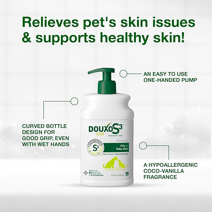 Douxo S3 Seb Shampoo, Contains 0.5% Ophytrium, Odor Control & Seboregulating, For Oily to Flaky Skin, Seborrhea, For Dogs and Cats, 16.9 fl. oz. (500mL)