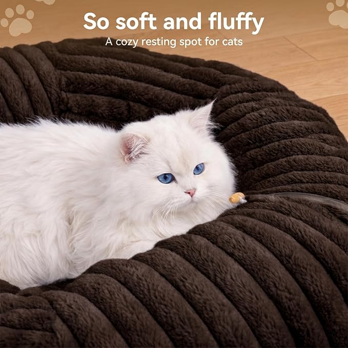 Dogpals Cat Tunnel Bed Cave 33" Lx10 Wx10 H for Indoor Cats (Coffee) | Washable Cozy Cushion, Soft Striped Plush Fabric, Hideaway Peekaboo Cave for Kittens, Puppies, Rabbits & Small Pets