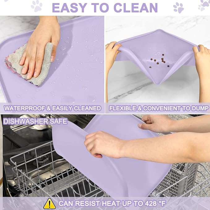 SMILOOL Waterproof Silicone Pet Food Mat with Raised Edge for Dog & Cat | 22" x 14" Non-Slip Pet Feeding Mats with Lip for Food & Water Bowl, Food Grade, Easy Cleaning, Light Purple