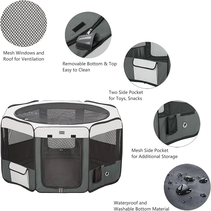 Dog Playpen Portable Pet Play Pens for Small Dog/Cat/Rabbit/Chicks, Cat Playpen Indoor/Outdoor with Carring Case, Removable Zipper Top and Bottom (Gray, Large (46"x46"x23"), 8)