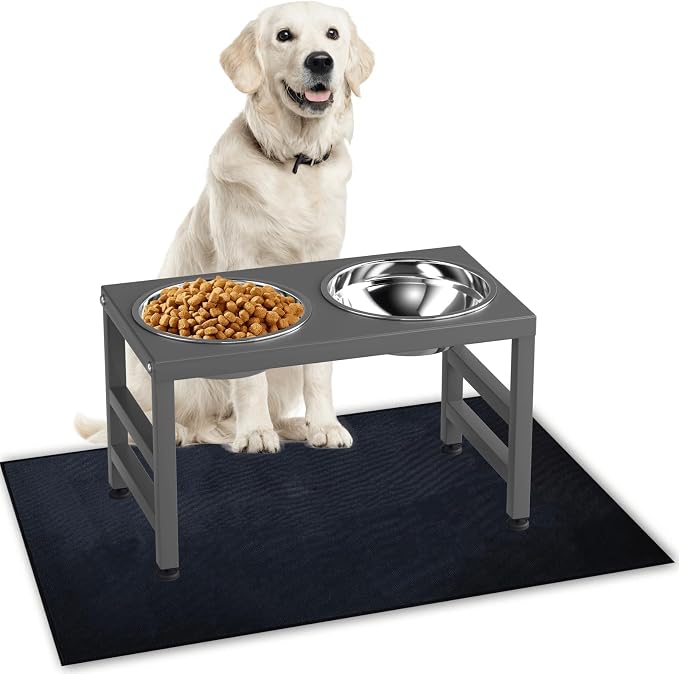 ADENGL Metal Raised Dog Bowl, 10" Height Tall Elevate Dog Feeder Stand with 2 Stainless Steel 42oz Bowls & 16x24 Non-Slip Mat – Stronger Dogs Food & Water Bowl Stand (Grey)