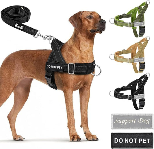 SlowTon No Pull Dog Harness with Front Clip - Heavy Duty, Soft Padded | Neck & Chest Adjustable, Tactical Pet Vest and Leash Set for Large Medium Sized Dogs, for Easy Walk & Training, Black L