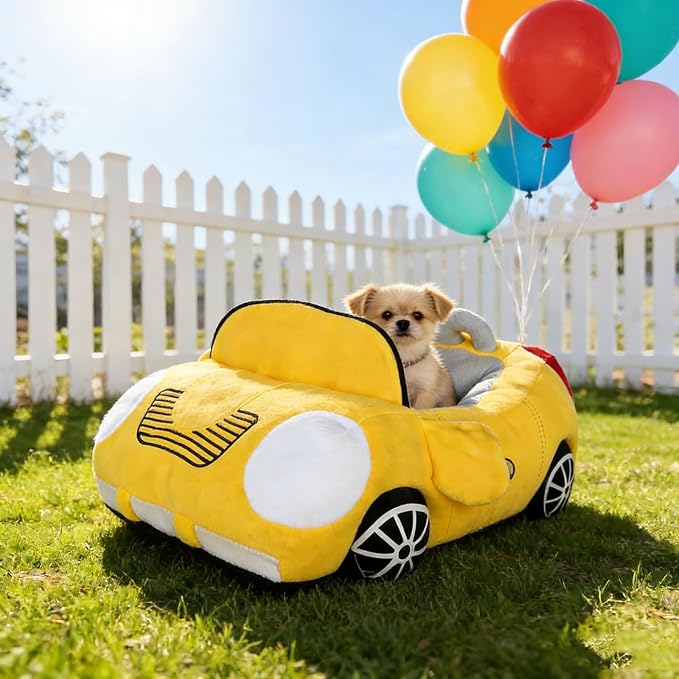 Sports Car Shaped Pet Dog Bed Fashionable Fancy Deluxe Cozy Warm Cute car Design Pet Bed 27"x20"x11" (Yellow)