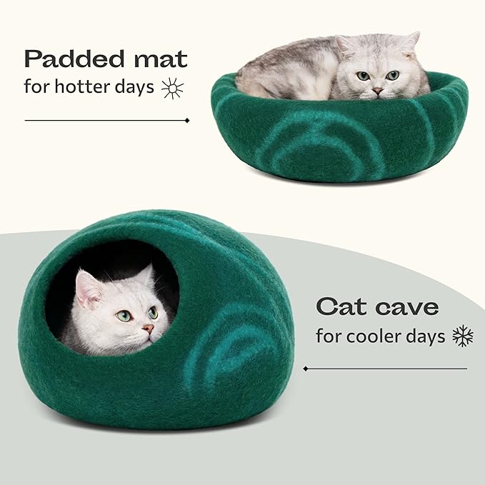 Cat Cave – Premium Felt Cat Bed Enclosure for Indoor Cats, Handmade Merino Wool (Emerald, Large)
