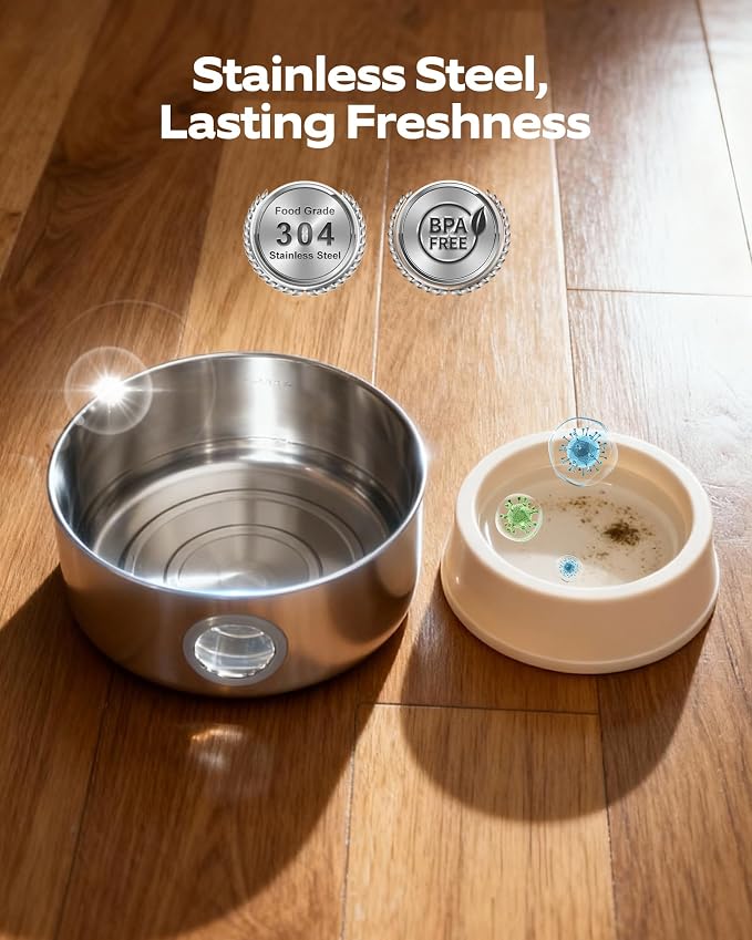 Cordless Cat Water Fountain Wireless: Pet Fountain with 8 Filters 8 Sponges | 2.6L Battery Powered Cat Fountains for Cats Indoor Rechargeable Kitty Water fountain stainless steel with Water Level Window