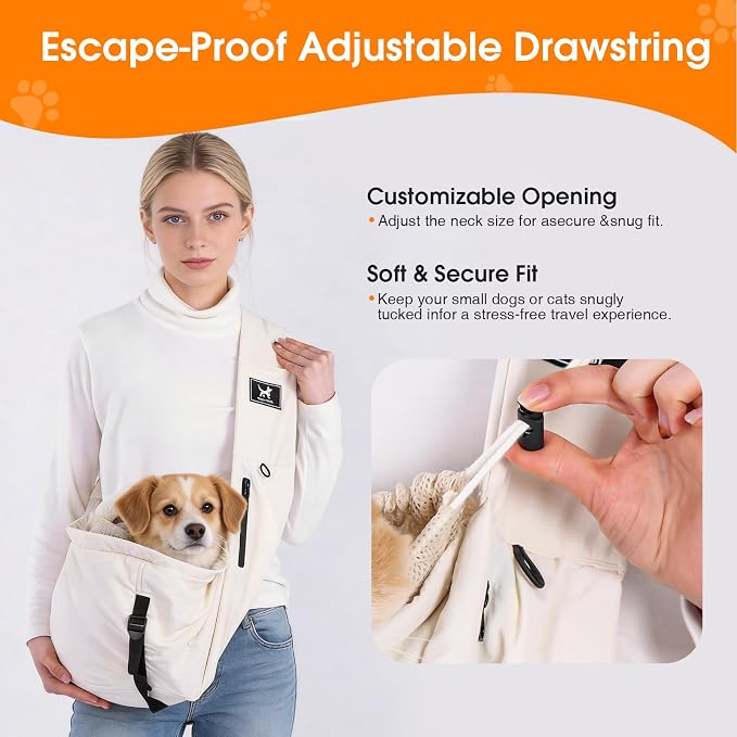 Dog Sling Carrier for Small Dogs & Cats 5-20 lbs, Adjustable Depth | Breathable Air Mesh Puppy Sling, Water-Resistant Travel Bag, Double Safety Leash, Machine Washable, Hands-Free Pouch, Apricot