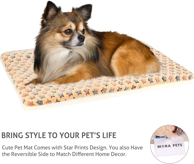 Mora Pets Dog Bed Crate Pad Ultra Soft Pet Mat Star Print 22 Inch Brown | Washable Crate Mat for Large Medium Small Dogs, Reversible Fleece Dog Crate Kennel Mat Flat Cat Bed Liner