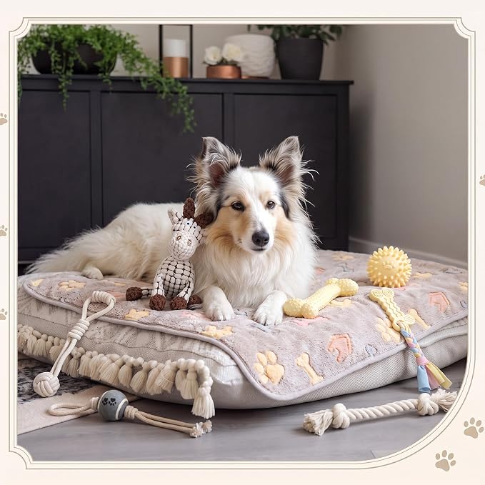 Zopeal 17 Pcs Summer Puppy Gift Set, Dog Toy & Essentials Bundle with Chew Toys, Poop Bag Dispenser, Grooming Brush, Training Bell, Blanket & Rope Basket(Beige,Sheep)