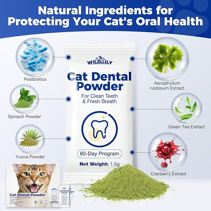 Cat Dental Powder - Freshens Breath, Removes Plaque & Tartar, Prevents Gum Disease - All-Natural Ingredients, No Artificial Additives(1.5g* 60 Pcs)