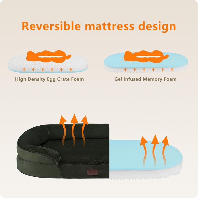 Dwanton Orthopedic Dog Bed for Extra Large Dogs with Gel Memory Foam, Waterproof Dog Sofa, Washable Pet Bed with Four Sided Bolster Cushion, Removable Cover & Non-Slip Bottom, 45", Green