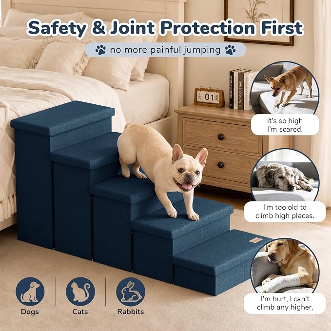 5-Step Wide Dog Stairs with Storage 23" H, Non-Slip Sturdy Pet Steps for High Bed Couch Window, Pet Stairs for Small/Medium/Large Old Dogs Cats Up to 220lbs, Cat Dog Steps for Car/SUV, Navy