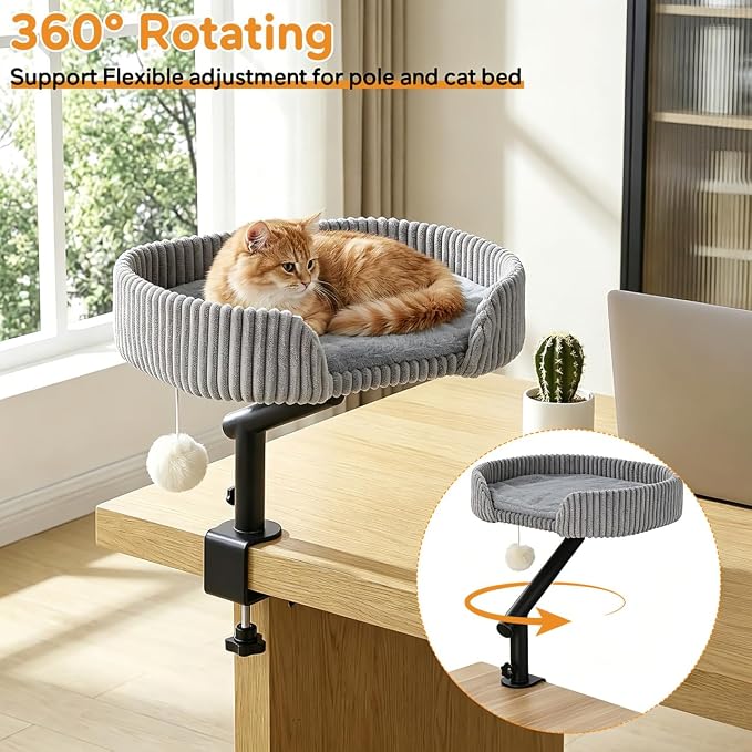 Cat Desk Bed with 3 Mats for All Seasons, 360° Rotating Adjustable | Clamp-On Desk Cat Bed with Reversible Plush Cushion, Sisal Scratch Mat, Cooling Mat & Hanging Ball, Supports 50 lbs, Grey