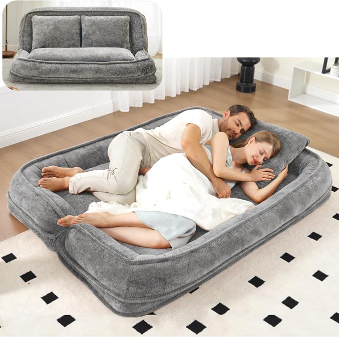 Foldable Lazy Sofa Bed, Double Human Dog Bed for Adults, Light Gray | Skin-friendly Breathable Soft Chenille Upholstered, 5 Adjustable Backrest Positions, 3 Soft Cushions for Living Room