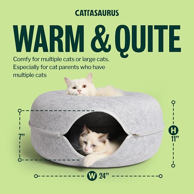 Peekaboo Cat Cave Donut for Multiple & Large Cats up to 30-45 lbs, 3-in-1 Self Warming Cat Bed, Tunnel & Scratcher for Indoor Cats, Washable & Detachable (Light Gray + Light Gray, Large)