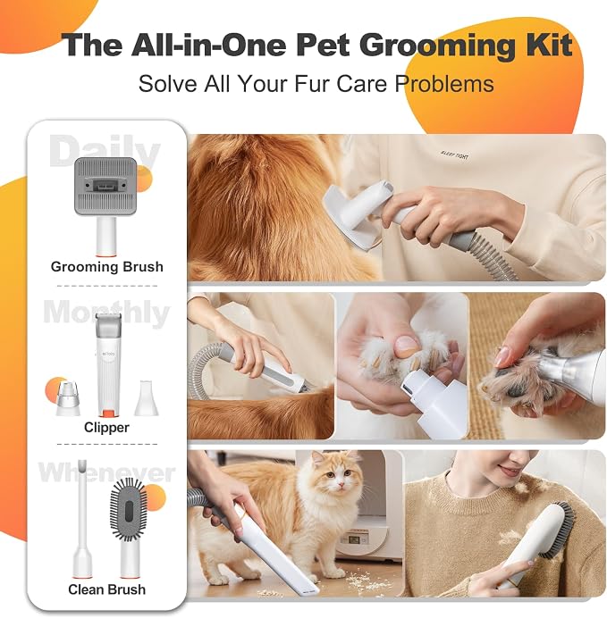 Afloia 6-in-1 Dog Grooming Vacuum Kit, Pet Clipper & Nail Grinder, White | All-in-one grooming covers brushing, clipping, trimming and nail care, 1.5L dust cup, 3 suction levels, low-noise comfort
