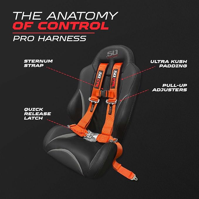 1pc 50 Cal Orange 4 Point Harness 2" straps, Racing Harness Seat Belt | Ultra Kush padding, Push Button quick release hardware. Universal Fit for UTV, RZR, race car