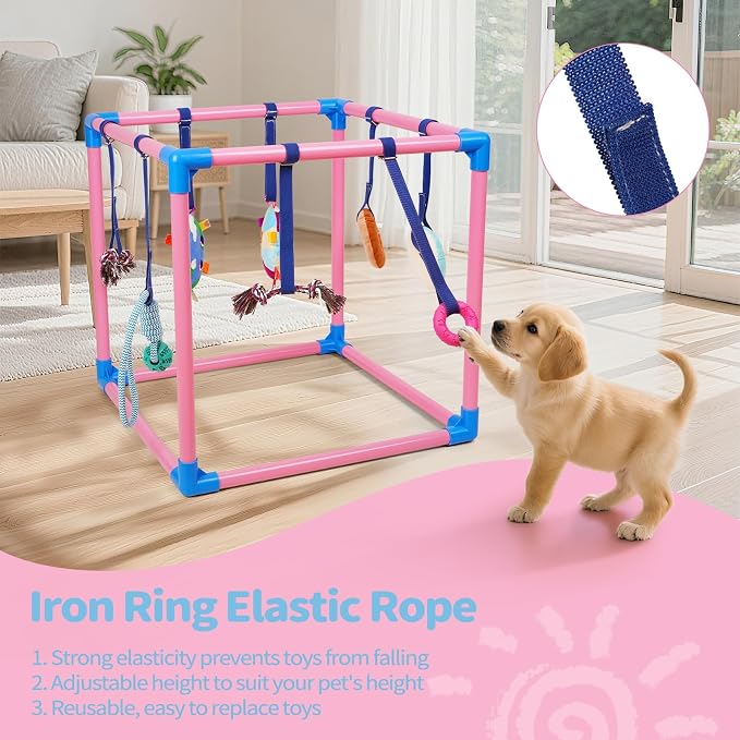 Liitrton Puppy Play Gym for Small Dogs with 8 Hanging Toys, Pink | 19.5"x19.5"x19.5" PVC Frame, Indoor Puppy Jungle Gym with Interactive Puppies Toys
