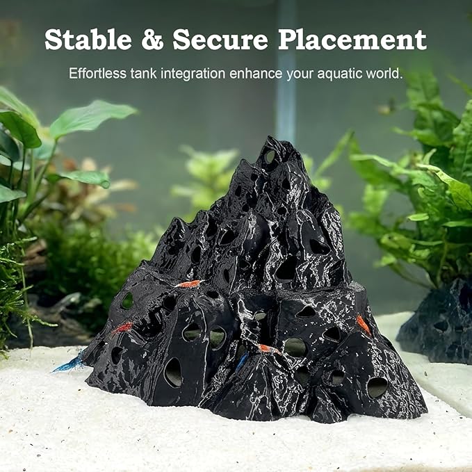 Rockery Cave, Aquarium Betta Fish Hideout Habitat Decor, Stable Resting Hiding Place for Cherry Shrimp, Dwarf Shrimp, Guppy and Small Fish (Black)