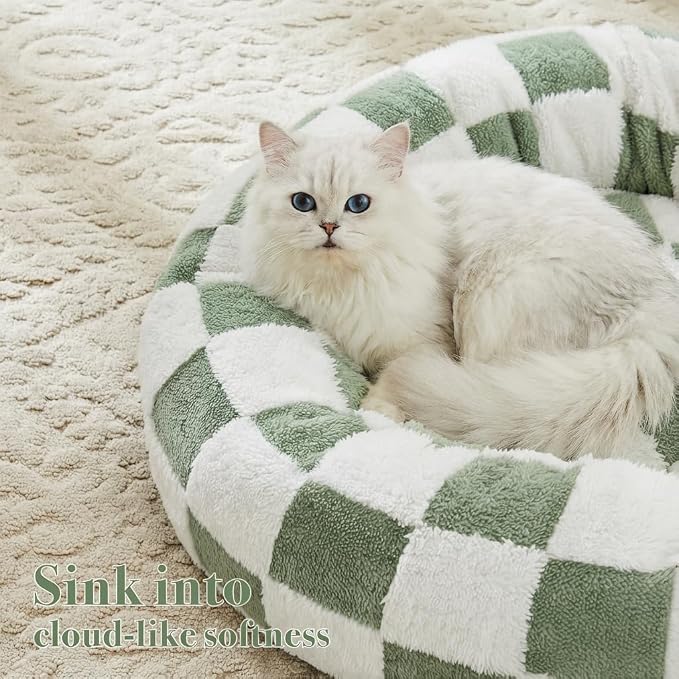 Ohocut Checkered Cat Dog Bed, Cute Sage Green Retro Style Aesthetic Round Warming Pet Calming Beds for Small Dog and Cats, Plush Cozy Donut Beds Washable, 23" L x 23" W x 8" Th