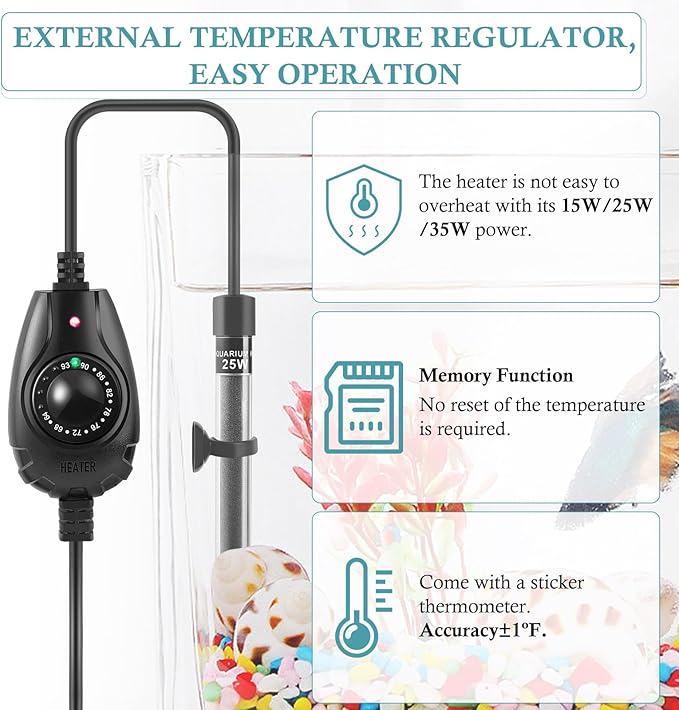 HITOP 25W Super Mini Aquarium Heater: Adjustable Heater for Small Fish Tank 2-6Gallons, with External Controller, Betta Heater for Fish Bowls (25W)
