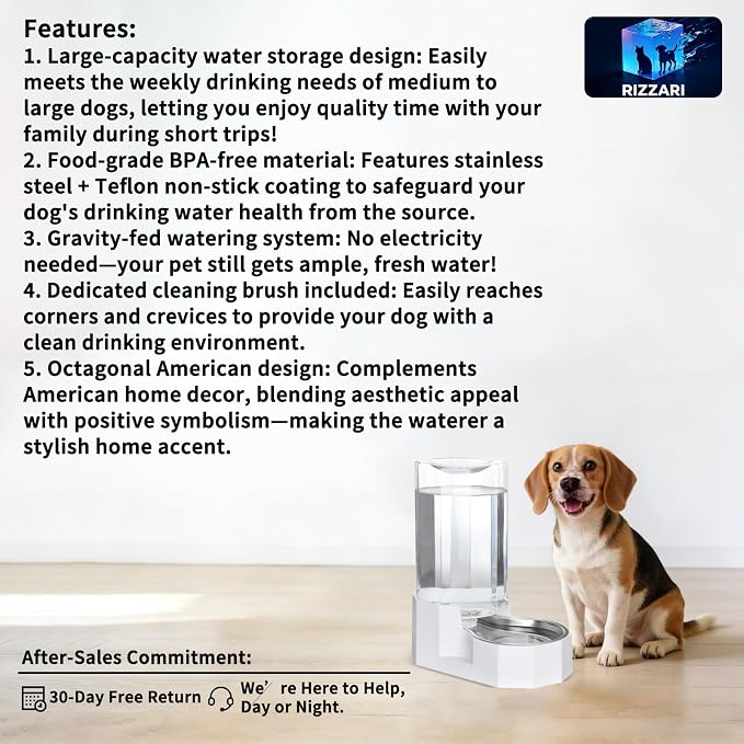 Sfozstra 8L Gravity Dog Water Dispenser:Stainless Steel Bowl | No Filter Maintenance/ Non-Slip Base/Easy-Clean/for Living Room & Bedroom/Multi-Pet Friendly