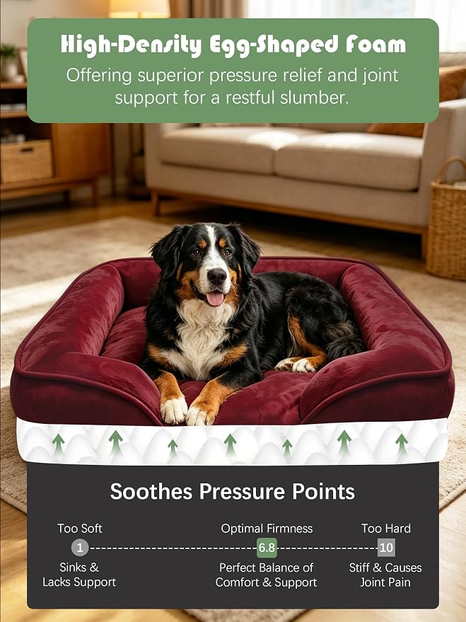 Spotted Play Orthopedic Dog Bed with Sides - Sofa Beds for Extra Large Dogs, Supportive Foam Pet Couch Bed with Washable Removable Cover, Waterproof Lining and Non-Slip Bottom, Burgundy - XL-Plus