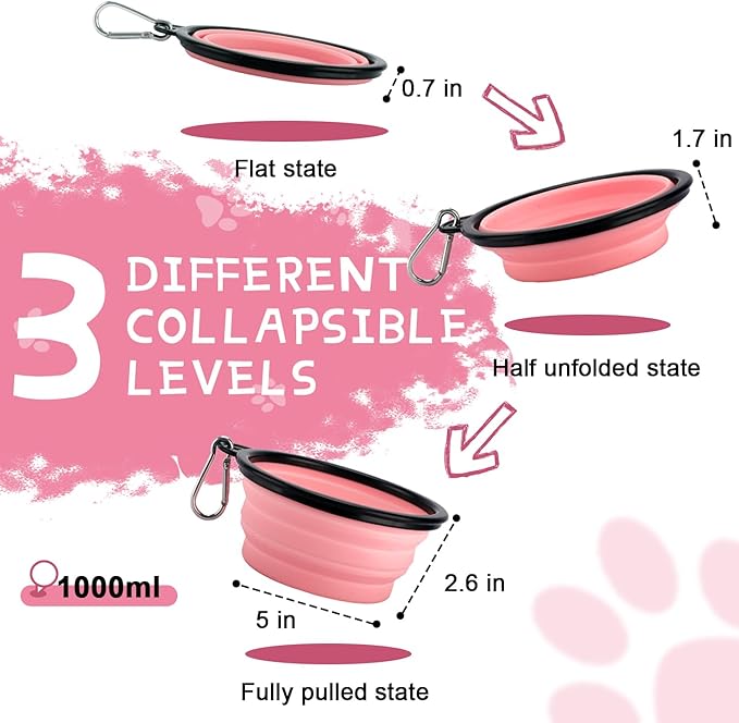 Collapsible Dog Bowls for Travel, 2-Pack Dog Portable Water Bowl for Dogs Cats Pet Foldable Feeding Watering Dish for Traveling Camping with Carabiners, BPA Free (Purple&Pink, Medium (Pack of 2))