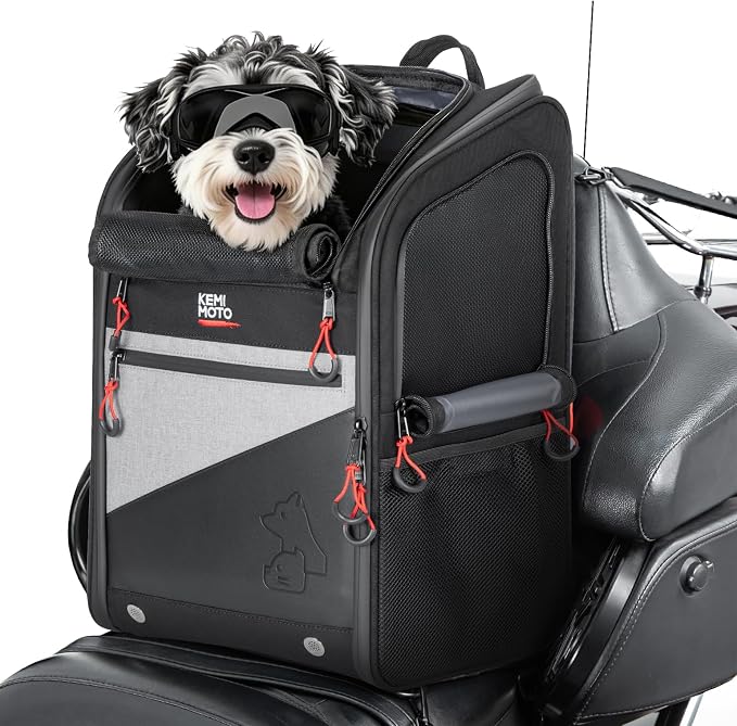 KEMIMOTO Motorcycle Dog Carrier Backpack for Small Dog & Cat Under 17 lbs | Anti-Escape Safety Clip, Padded Shoulder Straps Pet Carrier for Street Glide with Passenger Seat Touring Trike Models Can Ams