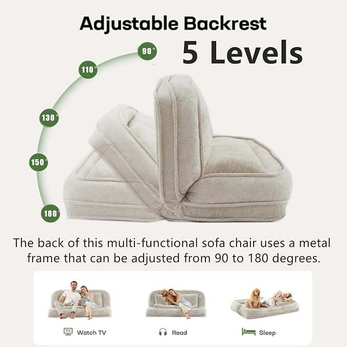 Foldable Lazy Sofa Bed, Double Human Dog Bed for Adults, Beige | Skin-friendly Breathable Soft Chenille Upholstered, 5 Adjustable Backrest Positions, 3 Soft Cushions for Living Room