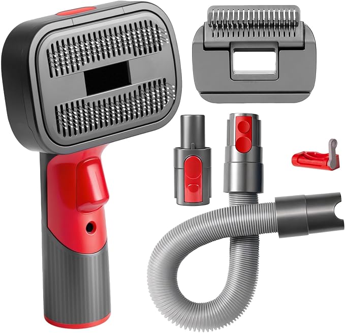 2-in-1 Pet Grooming Kit Compatible with Dyson V7 V8 V10 V11 V15 Cleaner | Dog Hair Vacuum Attachment Removes Loose Hair Dander Undercoat Tangles Self-Cleaning with Extended Vacuum Hose Trigger Lock