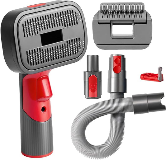 2-in-1 Pet Grooming Kit Compatible with Dyson V7 V8 V10 V11 V15 Cleaner | Dog Hair Vacuum Attachment Removes Loose Hair Dander Undercoat Tangles Self-Cleaning with Extended Vacuum Hose Trigger Lock
