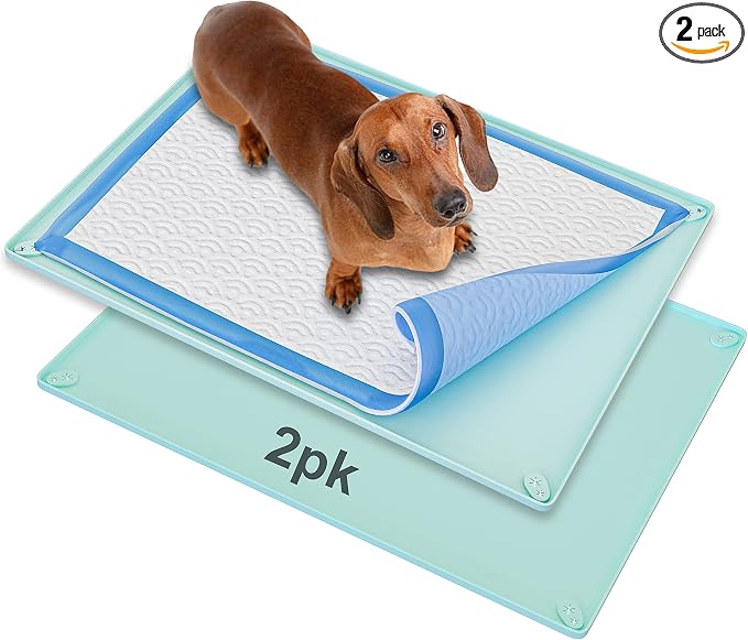 Dog Pee Pad Holder Tray Fits for 30” x 23” Pee Pads - 2 Pack - Turquoise | Corner Lock Holes, Raised Edges, Non-Spill, Easy to Clean Silicone Dog Potty Tray Holder, For Indoor Floor Protection