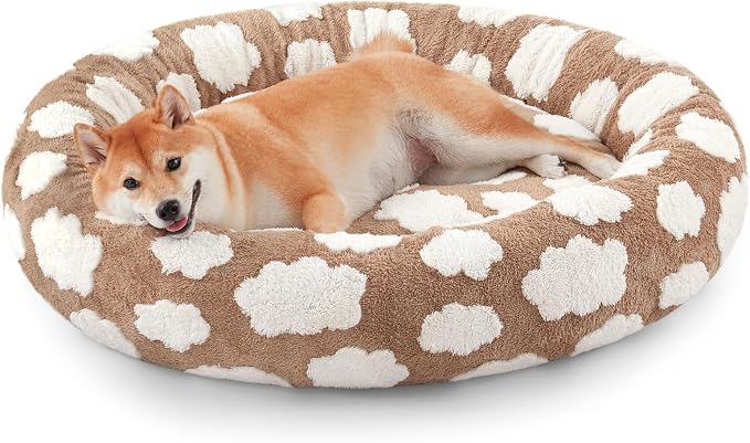 JOEJOY Jacquard Donut Round Dog Beds Medium Sized Dog,Brown 30x30x8in, Removable Washable Cover, Cute Pattern, Ultra Soft Fluffy Calming Pet Bed with Thick Supportive Bolster