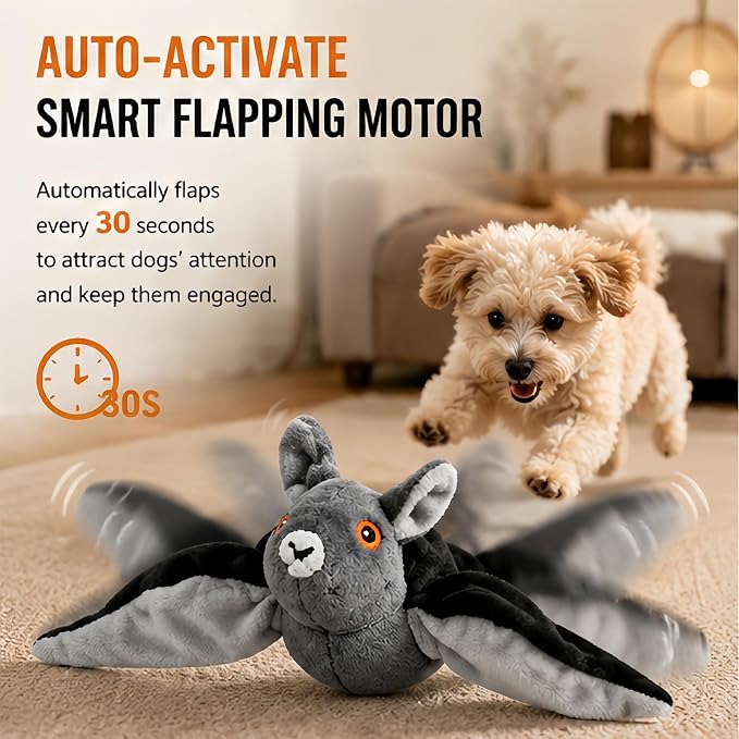 Flying Bat Toy for Dogs & Cats, Flapping Wings Interactive Pet Toy，2 | Flapping bat toy with chirping engages cats and dogs, mimics real flying motion. Cute interactive pet teaser