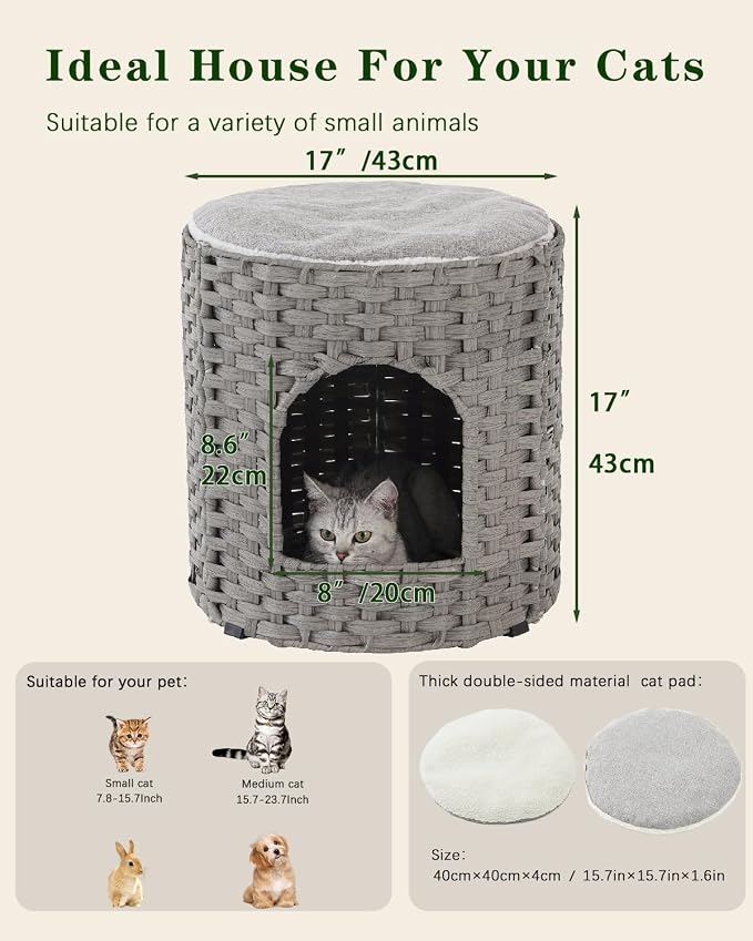 SETVSON Cat House for Indoor Cat, Large Double Cat Houses Cat Bed, Gray | Handwoven PE Rattan Bed Cave with One Soft Pad, Spacious 17 x 17 x 17 In Foldable Kitten Hideaway, Easy to Clean