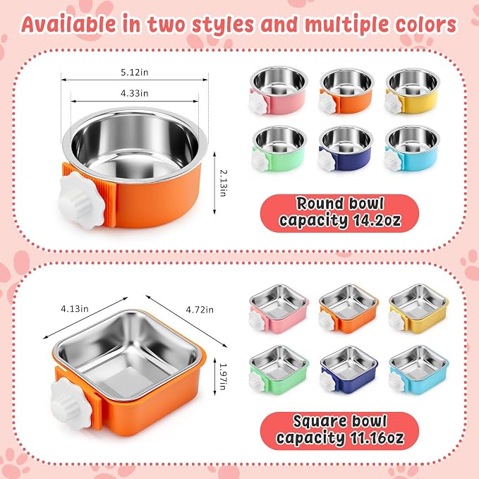 LemonRoad 12 Pcs Dog Crate Water Bowl Bulk No Spill Hanging for Kennel Removable Stainless Steel Puppy Food Water Feeding Bowls Cage Coop Cup for Dogs Cats Rabbits Birds Ferret(Mixed Style)