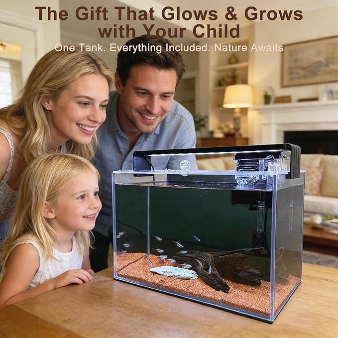3.2 Gallon Fish Tank, Nano Nature Aquarium Kit,Small Aquarium Starter Kit,Ultra-Clear Rimless Desktop Small Aquarium with Filter and Light for Betta,Shrimp,Goldfish.Black Glass