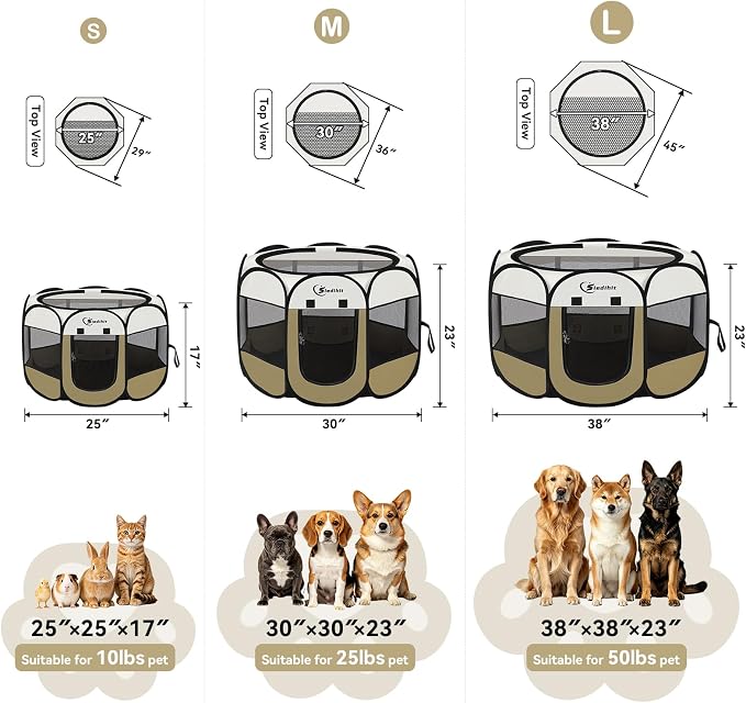 Siedihit Dog Cat Playpen, Medium Puppy Pet Playpen, Dog Crate Tent Cage | Indoor/Outdoor, Portable Pop Up Dogs Kennel Playpen with Carrying Case for Dogs/Cats/Rabbits (Khaki,Medium)