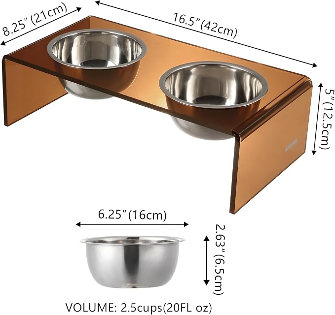 DBL2000D Keaton 5" Small/Medium Modern Acrylic Rectangular Elevated Pet Feeder with 20oz 2-Stainless Steel Bowls, Amber/Chrome