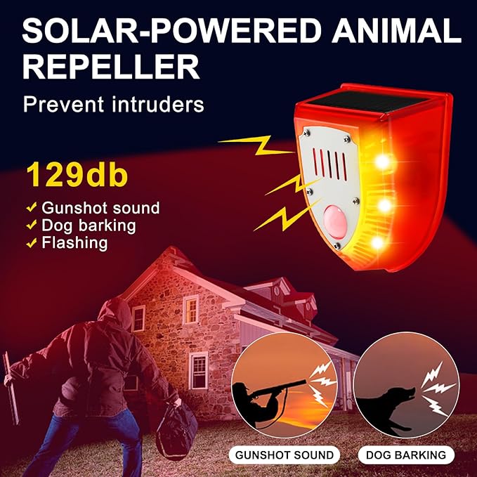 Qualirey 8 Pcs Solar Alarm Motion Detector with Sound Outdoor Motion Sensor 129db Barking Dog Strobe Light Gunshot Sound Alarm Detector Noise Maker Warning Lamp for Home Villa Yard Farm