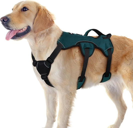 rabbitgoo Escape Proof Dog Harness for Large, No Pull with Lift Handle | No Escape, Full Soft Padded, Reflective Adjustable Vest, Leash Clip for Walking Hiking Training, Dark Green, Large