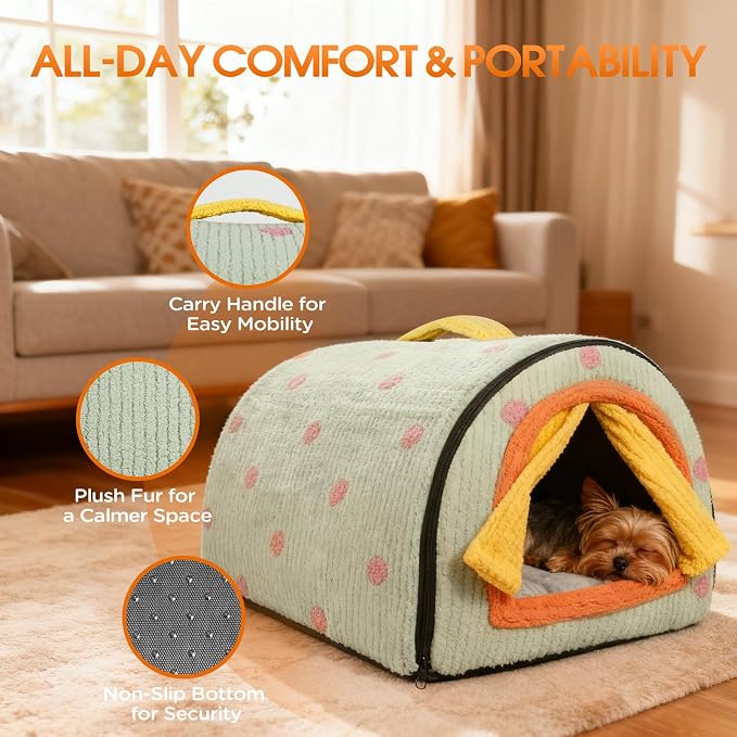 Dog House Indoor for Small Dogs, Green, Medium | 2-in-1 Enclosed Dog Bed with Cover Cave & Curtain, Dog Tent with Plush Washable Cushion, Inside Dog House for Pets