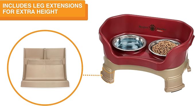 Neater Feeder Deluxe Mess-Proof Elevated Cat Bowls, 2 Height Adjustable (6” & 7.5”) No-Spill Raised Cat Bowl Stand, Whisker Friendly Stainless Steel Dishes for Indoor Cats, Made in USA, Cranberry