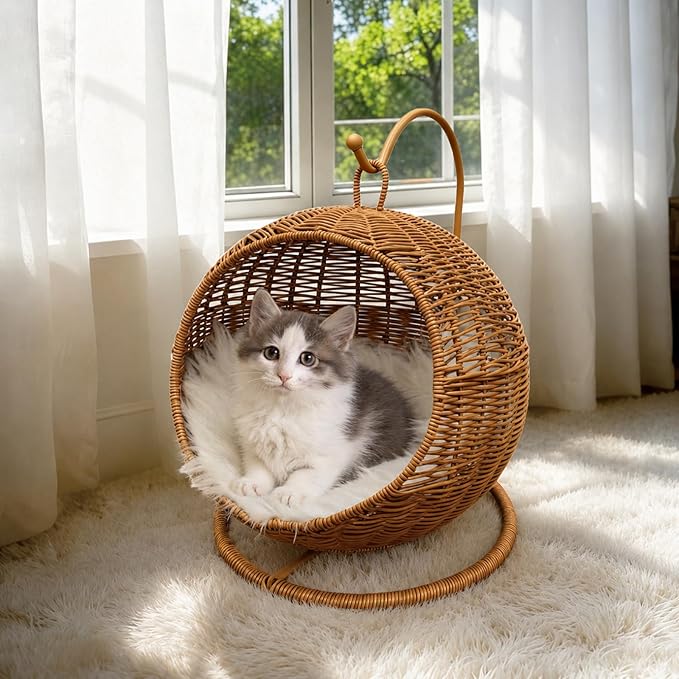 Wicker Cat Bed Indoor & Outdoor, Handwoven PP Rattan Cat Swing Bed with Removable Washable Cushion, Breathable Waterproof Cat House for Cats & Small Dogs (Small–11.4" L × 18.9" H)