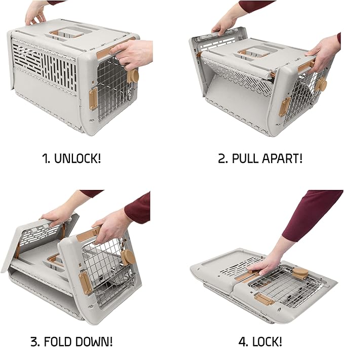 SportPet Designs Collapsible Small Pet Travel Carrier (Tan), Hard-Sided Kennel for Small Dogs, Puppies, Cats, Kittens, Animals up to 25lbs, Washable Home & Outdoor Pet Crate, 24.5"L x 16.5"W x 16"H
