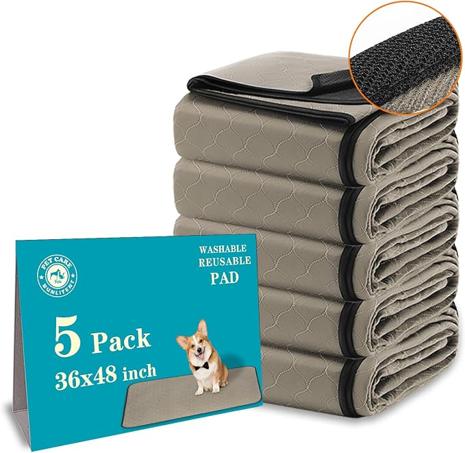 Bunlitent Washable Pee Pads for Dogs, 36x48, 5 Pack, Reusable Puppy Pads | Reusable, Quick Dry, Anti-Slip, Large, Waterproof, Whelping Pad for Pet, Playpen, Incontinence, Housebreaking, Brown