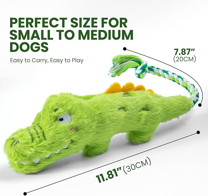 Squeaky Plush Crocodile Dog Toy,with a Rope Tail,Crinkle Stuffed Dog Toy Keep Them Busy Tug of War Training Play, Dog Chew Toy for Small Medium Dogs (Green)
